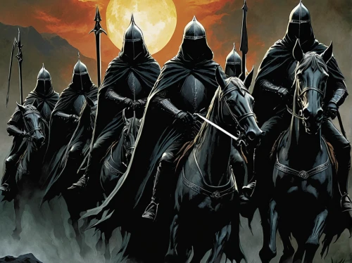 horsemen,guards of the canyon,storm troops,heroic fantasy,black horse,carpathian,horseman,assassins,swordsmen,dance of death,horse herd,scythe,cavalry,the order of the fields,massively multiplayer online role-playing game,camelot,horse riders,blackmetal,bronze horseman,hooded man,Illustration,American Style,American Style 08