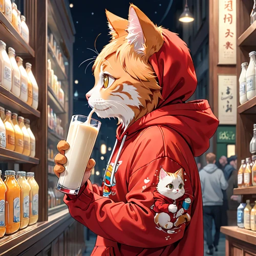 cat's cafe,convenience store,kitsune,apothecary,pet supply,inari,cat supply,liquor store,sake,shopkeeper,lucky cat,brandy shop,red tabby,pet shop,pharmacy,soap shop,cat drinking tea,drinking,cold drink,street cat,Anime,Anime,General