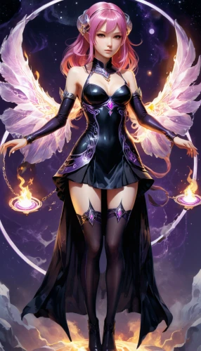 fae,malva,sorceress,fire angel,evil fairy,cassiopeia,acerola,goddess of justice,dark angel,fallen angel,zodiac sign libra,black angel,rosa 'the fairy,fairy galaxy,queen of the night,lux,elza,summoner,angel’s tear,archangel,Illustration,Realistic Fantasy,Realistic Fantasy 07