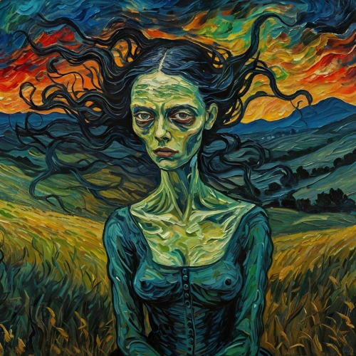 scared woman,the witch,scary woman,vincent van gogh,psychedelic art,vincent van gough,oil on canvas,lori,hag,evil woman,the girl's face,voodoo woman,medusa,bodypainting,oil painting on canvas,zombie,depressed woman,frankenstein,days of the dead,woman of straw