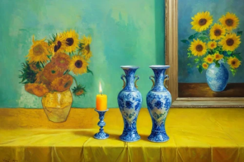 sunflowers in vase,vases,flower vases,flower vase,vase,summer still-life,yellow and blue,flower painting,still life of spring,vincent van gogh,still-life,glass painting,still life,oil painting,decorative art,majorelle blue,yellow cups,post impressionist,blue painting,still life photography