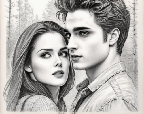 twiliight,twilight,romantic portrait,young couple,book cover,beautiful couple,pencil drawing,vintage boy and girl,mystery book cover,photo painting,graphite,pencil drawings,charcoal drawing,love couple,gothic portrait,fan art,charcoal pencil,flightless bird,before sunrise,honeymoon,Illustration,Black and White,Black and White 30