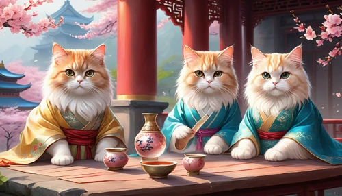 chinese pastoral cat,lucky cat,two cats,auspicious,felines,cat family,kitsune,domestic long-haired cat,dongfang meiren,oriental painting,oriental,spring festival,cat lovers,birman,chinese art,oriental longhair,asian semi-longhair,cats,kawaii animals,kittens,Illustration,Realistic Fantasy,Realistic Fantasy 01