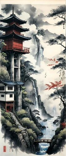 oriental painting,chinese art,cool woodblock images,japanese art,japan landscape,chinese architecture,chinese clouds,japanese background,oriental,hwachae,yunnan,chinese style,japanese icons,tsukemono,zui quan,chinese icons,chinese background,asian architecture,forbidden palace,japanese architecture,Illustration,Paper based,Paper Based 30