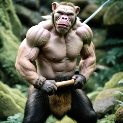 ape,barbarian,war monkey,bodybuilding,chimp,tarzan,chimpanzee,monkey soldier,gorilla,king kong,incredible hulk,silverback,neanderthal,wolverine,bodybuilder,primate,the monkey,gorilla soldier,kong,body building