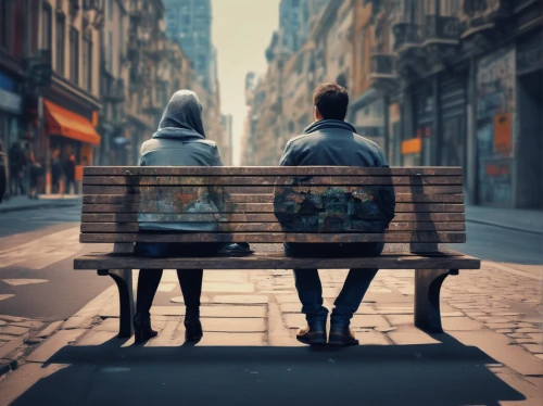 wooden bench,benches,bench,outdoor bench,photo manipulation,street furniture,park bench,photoshop manipulation,photomanipulation,wood bench,two people,man on a bench,street artists,conceptual photography,image manipulation,couple - relationship,man and woman,young couple,single seat,partnerlook,Conceptual Art,Fantasy,Fantasy 01