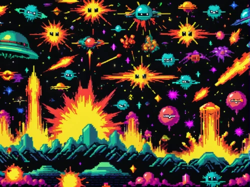 space invaders,asteroids,retro background,mobile video game vector background,fireworks background,retro pattern,cartoon video game background,space ships,space port,crayon background,80's design,spaceships,outer space,fireworks art,alien planet,alien world,space voyage,pinball,vintage wallpaper,colorful star scatters,Unique,Pixel,Pixel 04