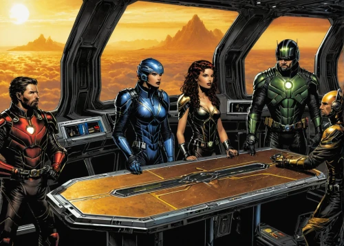 round table,conference table,conference room table,guardians of the galaxy,boardroom,marvel comics,board room,tabletop game,x men,x-men,color table,xmen,long table,a meeting,task force,the conference,justice league,assemble,sci fiction illustration,mix table,Illustration,American Style,American Style 02