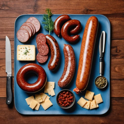 sausage plate,sausage platter,saucisson de lyon,thuringian sausage,kielbasa,charcuterie,paprika salami,bockwurst,chorizo,salami,soppressata,weisswurst,bologna sausage,genoa salami,platter,chinese sausage,liverwurst,'nduja,cooked salami,knackwurst,Unique,Design,Knolling