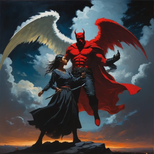 angel and devil,heaven and hell,heroic fantasy,gargoyles,red super hero,red cape,dracula,angels of the apocalypse,angelology,spawn,dance of death,amorous,angel of death,hellboy,lucifer,the archangel,fantasy picture,fantasy art,true love symbol,dark angel,Conceptual Art,Oil color,Oil Color 02