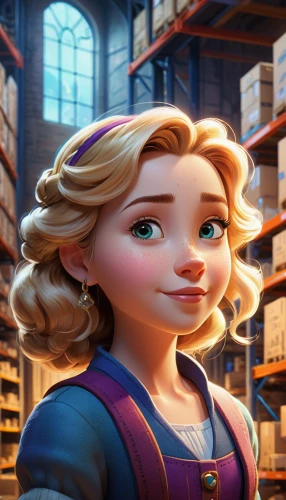 rapunzel,elsa,princess anna,candlemaker,agnes,tangled,shopkeeper,confectioner,librarian,cute cartoon character,girl with bread-and-butter,bookkeeper,fairy tale character,angelica,merchant,disney character,chocolatier,salesgirl,barmaid,girl in the kitchen,Unique,3D,Isometric