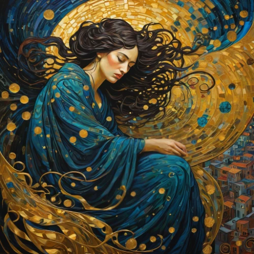 gold filigree,mary-gold,golden wreath,gold leaf,mystical portrait of a girl,virgo,art nouveau,the sleeping rose,golden apple,siren,mucha,oil painting on canvas,zodiac sign libra,angel playing the harp,gold foil art,radha,persian poet,boho art,gold foil mermaid,queen of the night