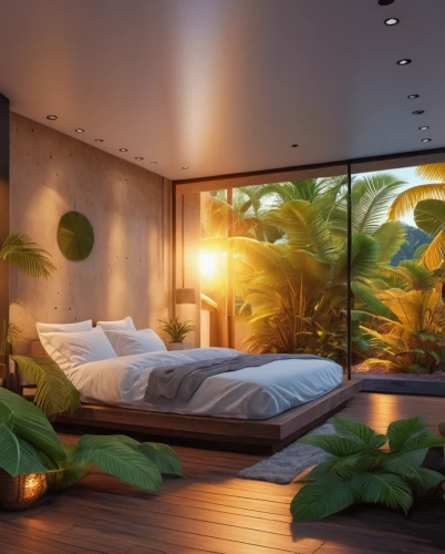 tropical house,sleeping room,canopy bed,modern room,3d rendering,aquarium decor,japanese-style room,great room,room divider,modern decor,guest room,bedroom,tropical greens,tropical jungle,interior modern design,interior design,smart home,bamboo curtain,tropical island,tropical floral background,Photography,General,Realistic