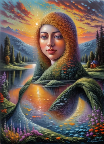 mystical portrait of a girl,the blonde in the river,girl on the river,mother earth,shamanic,girl with a dolphin,fantasy art,oil painting on canvas,crocodile woman,mirror of souls,psychedelic art,shamanism,indigenous painting,art painting,woman at the well,spring equinox,fantasy portrait,surrealism,yogananda,pachamama