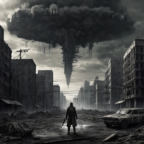 post-apocalyptic landscape,apocalyptic,post apocalyptic,apocalypse,doomsday,post-apocalypse,destroyed city,wasteland,sci fiction illustration,fallout4,world digital painting,black city,the pollution,dystopia,environmental destruction,desolation,dystopian,pollution,the end of the world,gray-scale,Conceptual Art,Fantasy,Fantasy 33