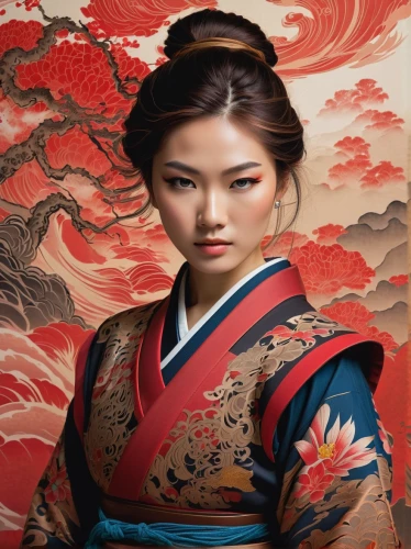 geisha,geisha girl,oriental painting,japanese art,mulan,japanese woman,oriental princess,oriental girl,japanese floral background,kimono fabric,chinese art,hanbok,korean culture,asian culture,asian woman,japanese culture,inner mongolian beauty,taiwanese opera,oriental,samurai,Illustration,Realistic Fantasy,Realistic Fantasy 04