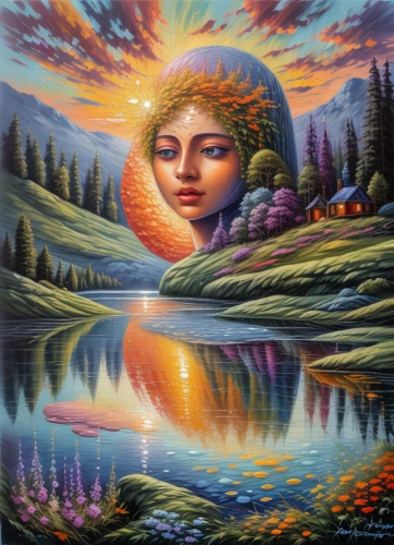 mother earth,pachamama,psychedelic art,shamanic,mirror of souls,indigenous painting,sacred art,khokhloma painting,shamanism,mystical portrait of a girl,oil painting on canvas,mother nature,yogananda,glass painting,spring equinox,art painting,summer solstice,mantra om,hare krishna,mirror water