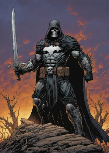 doctor doom,vader,grim reaper,grimm reaper,darth vader,crossbones,reaper,death god,swordsman,shredder,heroic fantasy,dance of death,warlord,hooded man,black warrior,iron mask hero,darth wader,greyskull,cleanup,scythe,Illustration,American Style,American Style 02