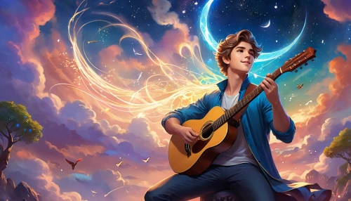 bard,art bard,violinist violinist of the moon,guitar player,musician,guitar,rosa ' amber cover,concert guitar,music background,falling star,game illustration,star winds,musical background,guitarist,cg artwork,serenade,playing the guitar,jazz guitarist,the guitar,itinerant musician,Illustration,Realistic Fantasy,Realistic Fantasy 01