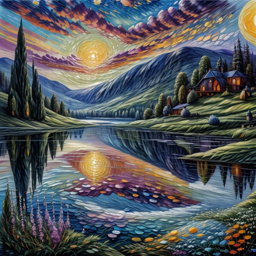 glass painting,psychedelic art,salt meadow landscape,river landscape,starry night,art painting,fantasy art,oil painting on canvas,fantasy landscape,lunar landscape,mountainous landscape,david bates,mirror of souls,tapestry,mountainlake,ripples,high landscape,motif,panoramic landscape,meticulous painting