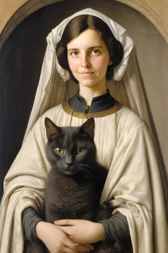 gothic portrait,grant wood,cat portrait,portrait of christi,portrait of a girl,bouguereau,portrait of a woman,mona lisa,the mona lisa,woman holding pie,cat european,romantic portrait,girl with bread-and-butter,cat image,millicent fawcett,cat,american gothic,domestic cat,cat mom,human and animal