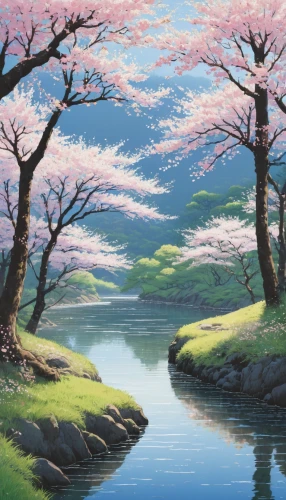 sakura trees,japanese cherry trees,sakura tree,japanese sakura background,cherry trees,the cherry blossoms,cherry blossom tree,japan landscape,takato cherry blossoms,cherry blossoms,river landscape,japanese cherry blossoms,blooming trees,sakura background,sakura blossoms,springtime background,spring blossoms,cold cherry blossoms,landscape background,cherry blossom,Illustration,Japanese style,Japanese Style 10