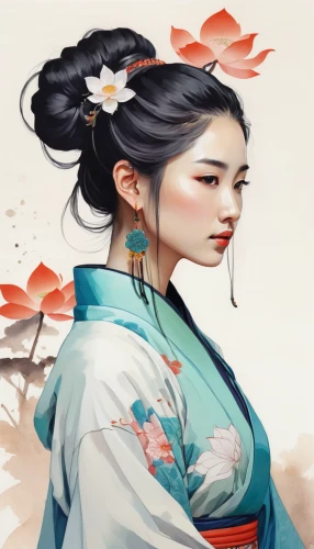 hanbok,geisha,geisha girl,mulan,plum blossoms,oriental princess,plum blossom,oriental girl,wuchang,mukimono,kimono,chinese art,jasmine blossom,junshan yinzhen,korean culture,goki,white blossom,oriental painting,japanese floral background,japanese woman,Illustration,Paper based,Paper Based 19