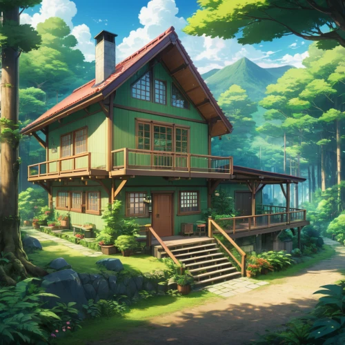 house in the forest,studio ghibli,wooden house,summer cottage,house in the mountains,little house,house in mountains,log home,home landscape,small house,the cabin in the mountains,cottage,beautiful home,small cabin,wooden houses,log cabin,tree house,treehouse,lonely house,timber house,Illustration,Japanese style,Japanese Style 03