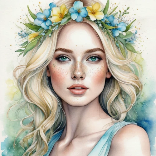 watercolor wreath,flower crown,boho art,elven flower,jessamine,fantasy portrait,spring crown,blooming wreath,floral wreath,flower fairy,girl in flowers,beautiful girl with flowers,faerie,faery,girl in a wreath,fairy queen,wreath of flowers,flower crown of christ,watercolor pencils,virgo,Illustration,Abstract Fantasy,Abstract Fantasy 14