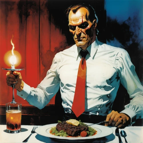 appetite,fine dining,meat kane,enjoy the meal,dinner,smoking man,romantic dinner,steakhouse,waiter,omnivore,dining,butcher,hunger,dark mood food,diner,entrecote,chef,anticuchos,steamed meatball,eat,Illustration,Paper based,Paper Based 12