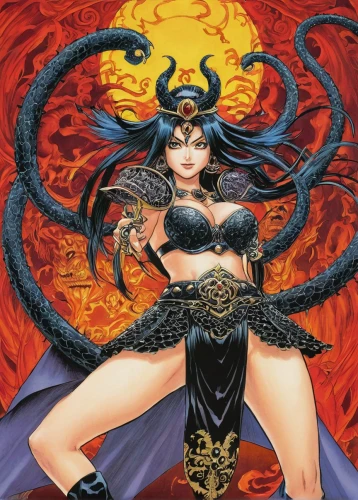 fire siren,sorceress,dragon li,amano,fantasy woman,fire devil,fire angel,flame spirit,haegen,devil,black dragon,gorgon,medusa,oriental princess,evil woman,priestess,goddess of justice,female warrior,fantasy art,heroic fantasy,Illustration,Japanese style,Japanese Style 05