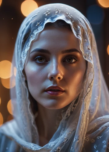 the prophet mary,mystical portrait of a girl,the snow queen,islamic girl,romantic portrait,veil,fantasy portrait,white rose snow queen,muslim woman,candlemas,girl in cloth,arabian,fatima,arab,suit of the snow maiden,cinderella,rem in arabian nights,hijaber,visual effect lighting,hijab,Photography,General,Commercial