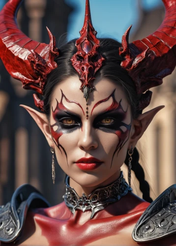 devil,cosmetic,dark elf,violet head elf,gara,sterntaler,natural cosmetic,female warrior,headpiece,horned,evil woman,elf,kadala,mara,imp,queen of hearts,head ornament,fantasy portrait,crown render,female face,Photography,General,Realistic