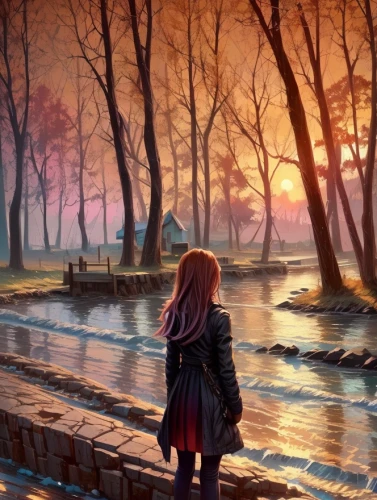 girl on the river,girl walking away,world digital painting,landscape background,fantasy picture,wanderer,violet evergarden,children's background,wander,waterway,the wanderer,dream world,lonely child,autumn walk,fantasy landscape,watercolor background,flooded pathway,pathway,little girl in wind,evening lake