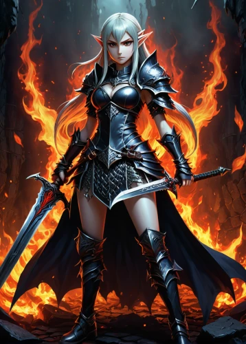 female warrior,swordswoman,fire background,a200,dark elf,fantasy warrior,massively multiplayer online role-playing game,warrior woman,joan of arc,elza,dane axe,sorceress,collectible card game,fire siren,fire master,heroic fantasy,dragon slayer,flame robin,fire angel,6-cyl in series,Illustration,Japanese style,Japanese Style 05