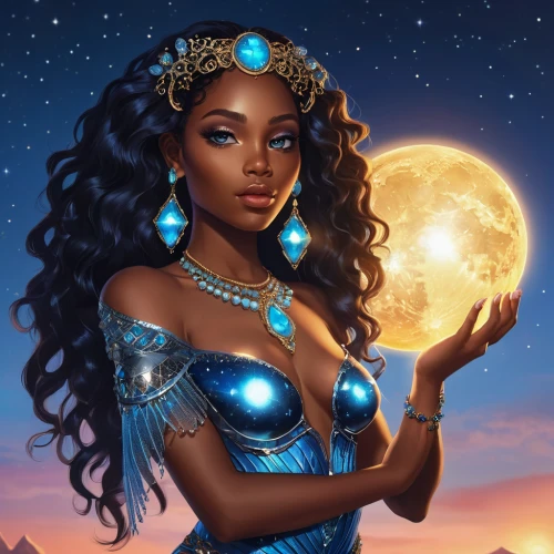 zodiac sign libra,fantasy art,fantasy portrait,fantasy woman,cleopatra,zodiac sign gemini,zodiac sign leo,queen of the night,fantasy picture,horoscope libra,venus,african woman,priestess,sorceress,african american woman,the zodiac sign pisces,divine healing energy,sun moon,celestial body,blue moon rose,Photography,General,Realistic