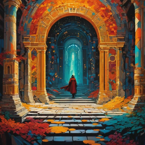 hall of the fallen,portal,monastery,fantasia,gateway,pilgrimage,cloak,ruins,sci fiction illustration,ruin,portals,passage,the wanderer,merida,the threshold of the house,archway,threshold,games of light,wanderer,world digital painting,Illustration,Realistic Fantasy,Realistic Fantasy 06