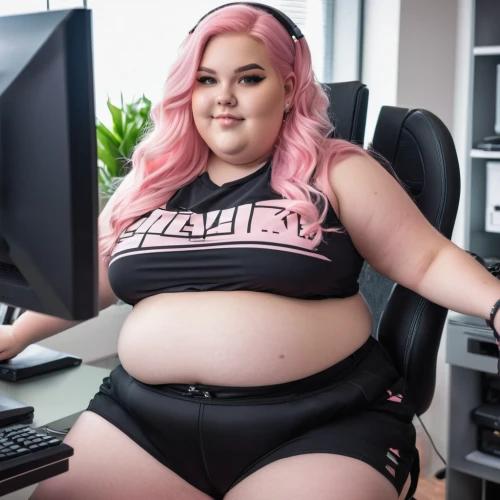 secretary,girl at the computer,plus-size model,office chair,plus-size,gordita,ceo,fat,computer freak,office worker,work from home,plus-sized,sexy woman,silphie,cpu,gizmodo,compute,the community manager,feminist,pink chair,Photography,General,Realistic