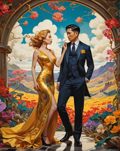 secret garden of venus,vintage man and woman,honeymoon,garden of eden,way of the roses,orientalism,golden weddings,cd cover,vintage art,ballroom dance,serenade,young couple,yellow roses,background image,valentine day's pin up,as a couple,beautiful couple,scent of roses,floral greeting,wedding couple,Illustration,Realistic Fantasy,Realistic Fantasy 39