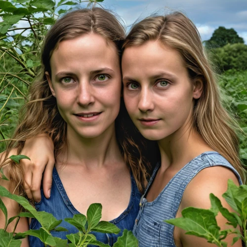 agroculture,dogbane family,two girls,farmers,smartweed-buckwheat family,hemp family,fines herbes,permaculture,duo,nettle family,moschatel family,young women,organic farm,farm workers,sisters,portrait photographers,foragers,legume family,vegan icons,twin flowers,Photography,General,Realistic