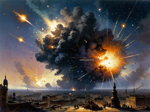 explosions,exploding,the conflagration,fireworks art,space art,detonation,explode,conflagration,asteroids,asterion,v838 monocerotis,galaxy collision,celestial event,perseids,perseid,bethlehem,meteor,pollux,city in flames,pioneer 10,Art,Classical Oil Painting,Classical Oil Painting 32