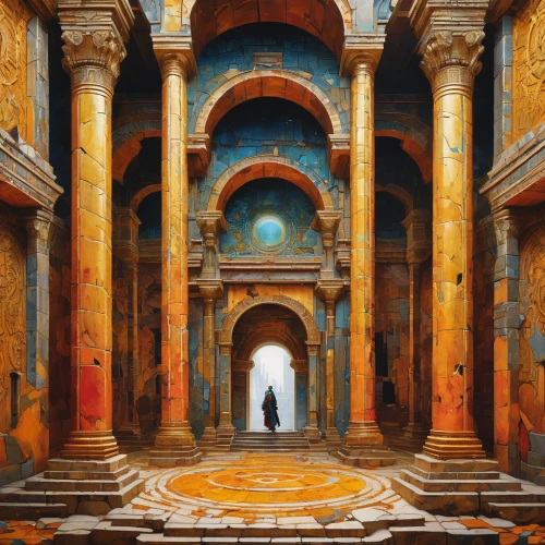 hall of the fallen,marble palace,pompeii,corridor,cistern,hallway,monastery,persian architecture,iranian architecture,morocco,pillars,mortuary temple,tombs,ruin,portal,marrakech,passage,church painting,orientalism,mosques,Illustration,Realistic Fantasy,Realistic Fantasy 06
