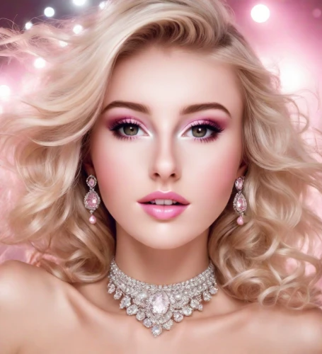 pink beauty,women's cosmetics,romantic look,airbrushed,barbie doll,vintage makeup,jeweled,beauty face skin,pink glitter,glamour girl,femininity,doll's facial features,eyes makeup,retouching,pink background,cosmetics,bridal jewelry,retouch,pearl necklaces,natural cosmetic