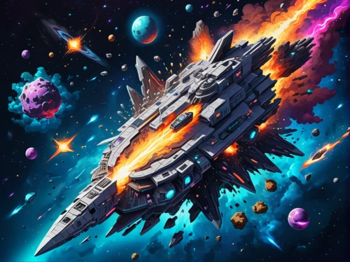 battlecruiser,spacescraft,cg artwork,fast space cruiser,space ships,game illustration,space voyage,space art,asteroids,plasma bal,sci fiction illustration,victory ship,star ship,colorful star scatters,starship,spaceships,space ship,federation,asteroid,space craft,Unique,3D,Isometric