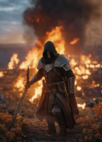 assassin,aaa,burned land,scorched earth,massively multiplayer online role-playing game,battlefield,game art,full hd wallpaper,burning earth,fire background,witcher,cinematic,cg artwork,hooded man,lost in war,scorch,4k wallpaper,accolade,fire master,the wanderer,Photography,General,Commercial