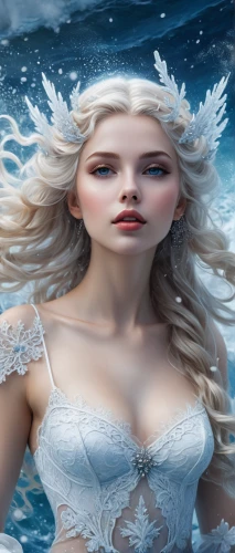 the snow queen,white rose snow queen,ice queen,ice princess,suit of the snow maiden,mermaid background,fantasy picture,faery,ice floe,fantasy woman,elsa,the sea maid,winterblueher,heroic fantasy,frozen,fairy tale character,eternal snow,faerie,celtic woman,winter background,Illustration,Realistic Fantasy,Realistic Fantasy 01
