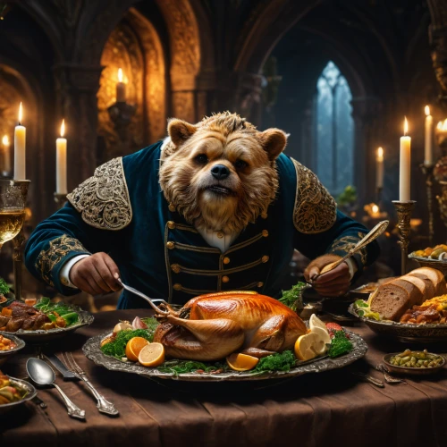 thanksgiving dinner,thanksgiving background,christmas dinner,tofurky,feast,delicious meal,dwarf cookin,thanksgiving,thanksgiving table,dinner,happy thanksgiving,enjoy the meal,dining,dinner party,meal  ready-to-eat,nordic bear,eat,turkey dinner,anthropomorphized animals,food table,Photography,General,Fantasy