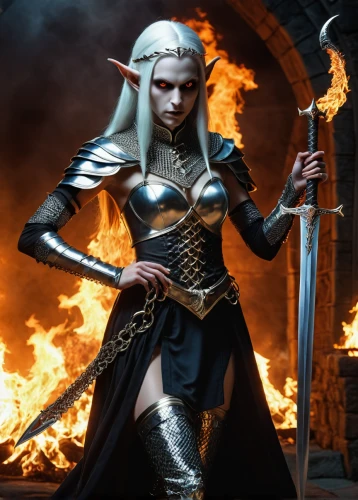 dark elf,massively multiplayer online role-playing game,female warrior,heroic fantasy,fantasy art,sorceress,fire background,vax figure,fire siren,flickering flame,fantasy picture,swordswoman,elaeis,burning torch,pillar of fire,fire master,fantasy woman,violet head elf,fantasy warrior,male elf