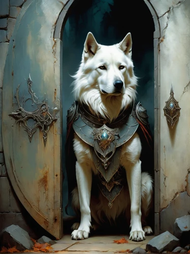 companion dog,canidae,white dog,posavac hound,heroic fantasy,canine,fantasy portrait,howling wolf,carpathian shepherd dog,shepherd mongrel,hound,blood hound,pet,scent hound,fantasy art,guard dog,vigilant dog,white shepherd,dog,pall-bearer,Illustration,Realistic Fantasy,Realistic Fantasy 16