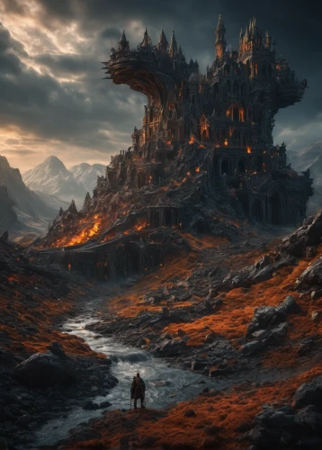 fantasy landscape,volcanic landscape,scorched earth,fantasy picture,fantasy art,volcanic field,heroic fantasy,post-apocalyptic landscape,3d fantasy,old earth,fire mountain,burning earth,fantasy world,dark world,ruined castle,world digital painting,hall of the fallen,desolation,arcanum,knight's castle,Photography,General,Fantasy